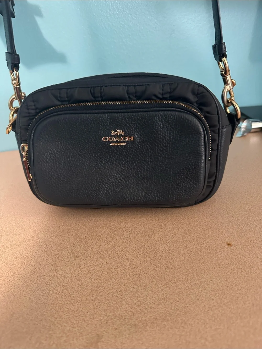 Coach Crossbody Bag Nylon/Leather Court Ruching C4095 Midnight Blue